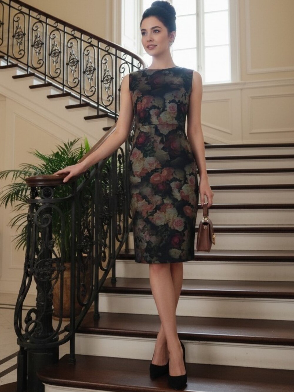 Margaret M Midnight Garden Floral Sleeveless Scoop Neck Sheath Dress – Size XS